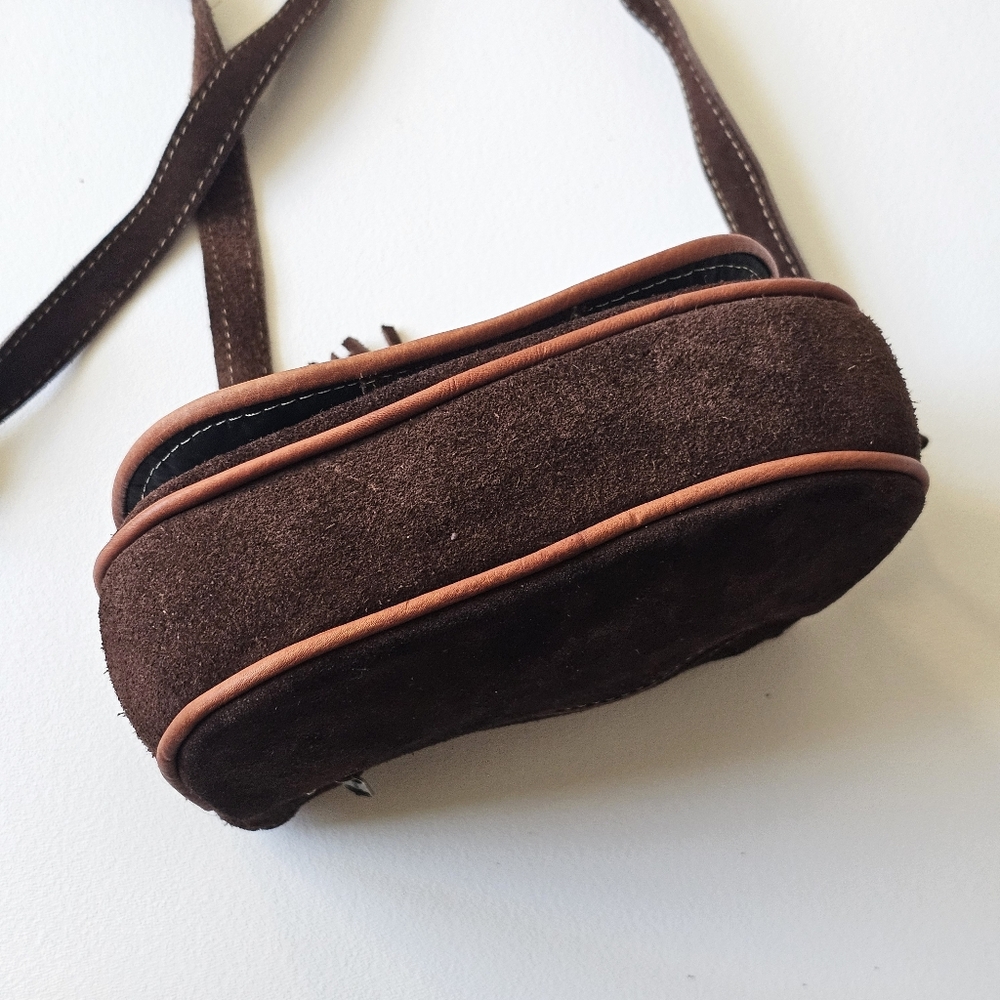 Boho Suede Embroidered Crossbody Purse | Floral Tassel Small Bag - Picture 8 of 11